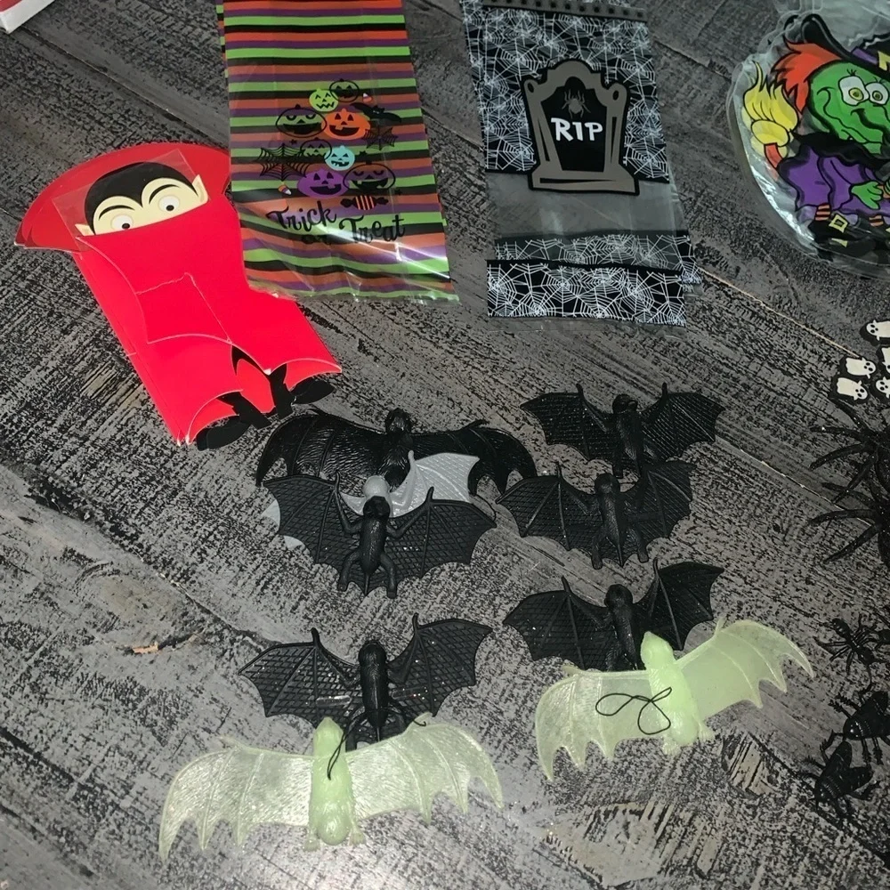 Halloween Goodie Baggies, plastic bats, erasers, plastic bugs